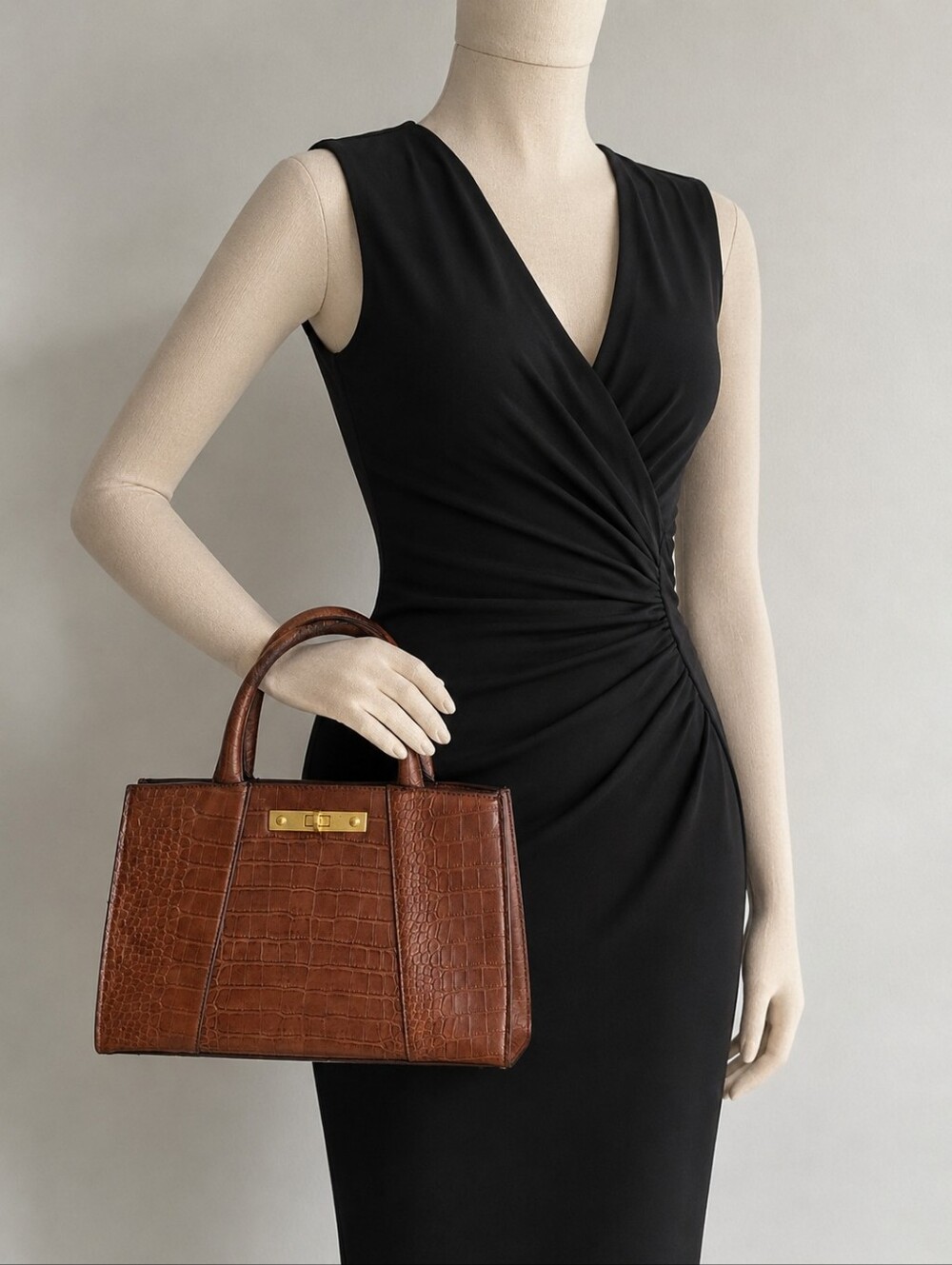 Mango Brown Croc-Embossed Top-Handle Satchel with Gold Hardware